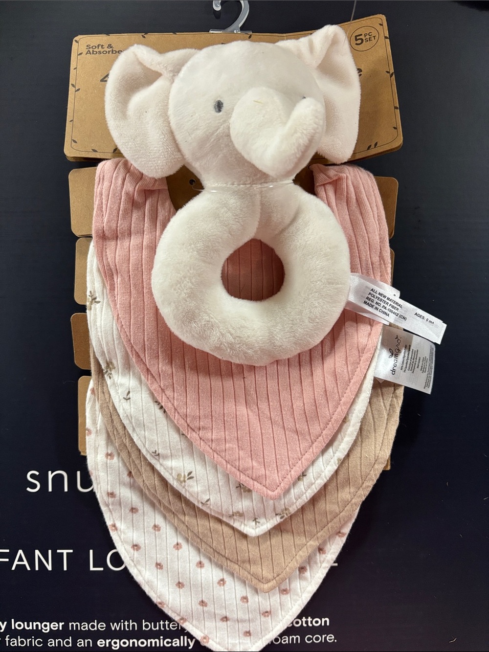 Baby Elephant Rattle & Pink Bandana Bib Set - Soft Plush Teether for Infants